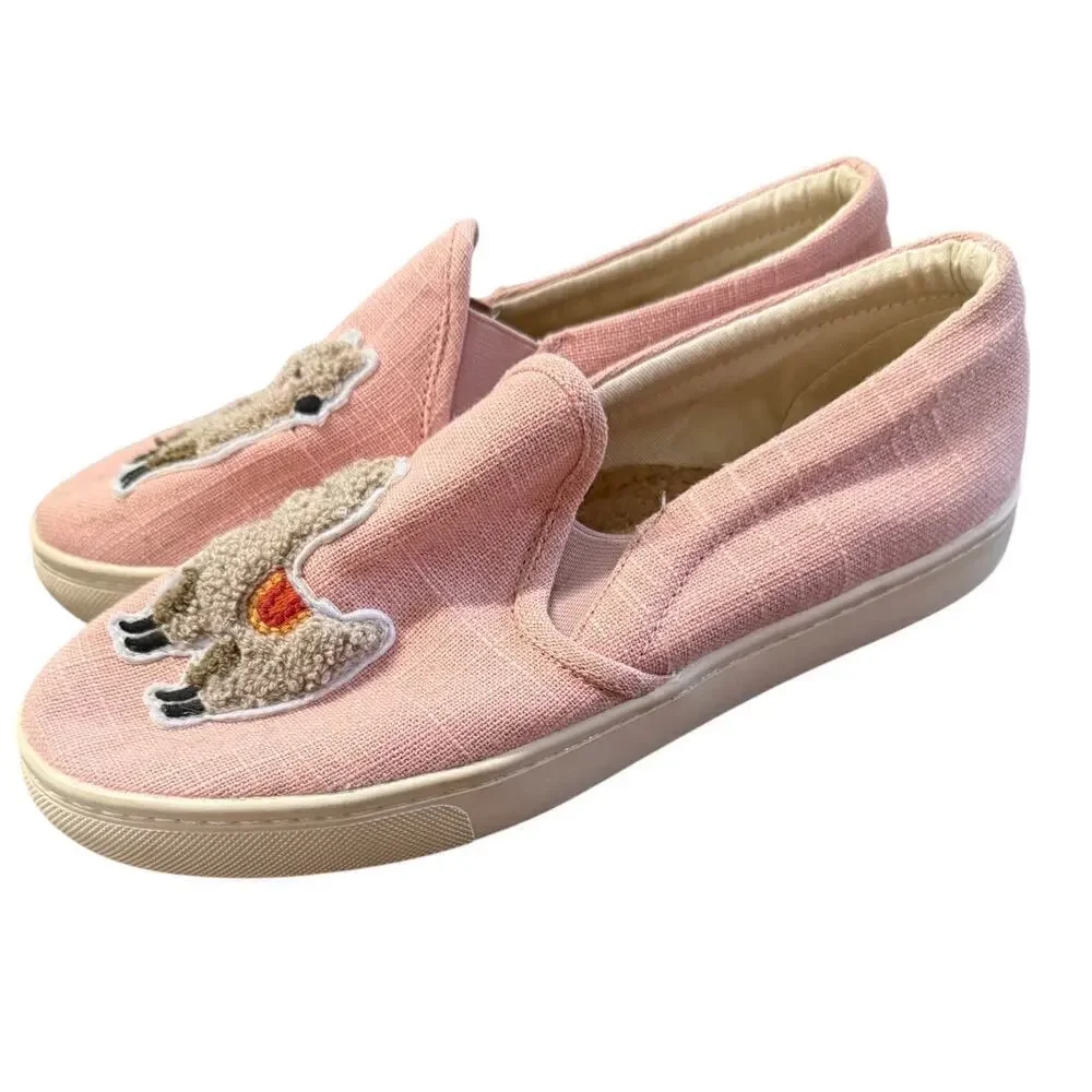 Soludos Llama Embroidered Pink Linen Slip-On Sneakers Women’s 7.5